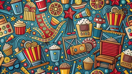 Hand-drawn cinema doodle backgrounds for a movie time setting, movie, film, theater, popcorn, camera, reel, screen, tickets, director, actor, popcorn, soda, spotlight, cinema, entertainment