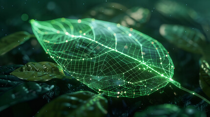 A green leaf with a pulsating technological mesh running through it, symbolizing sustainable innovations that emphasize the combination of nature and modern technologies.