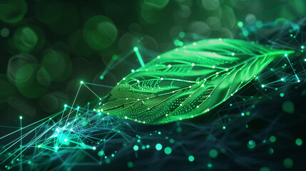 A green leaf with a pulsating technological mesh running through it, symbolizing sustainable innovations that emphasize the combination of nature and modern technologies.