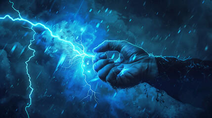 A hand holding a lightning bolt that emanates a blue glow against a stormy sky. Dark, energized clouds create a dramatic backdrop, and bright lightning symbolizes might and power.