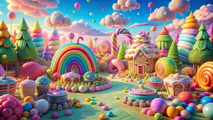 Colorful and whimsical Candyland scene with pastel rainbow candy pieces , sweet, colorful, vibrant, candy, dessert, sugary, bright, playful, fantasy, whimsical, magical, delicious