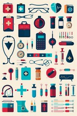 Flat design icons for healthcare, including medical equipment and symbols.