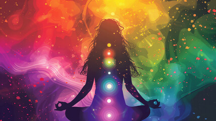 A woman whose body is filled with vibrational energies, symbolized by the intense colors of the chakras. Each chakra creates a harmonious flow of energy.