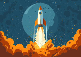 Obraz premium Businessman Rocket Launch Concept Skyward Ascent with Rocket Engine Vector Illustration Inspirational Success Ambition Goal Achievement Minimalist Design Aspiration Night Sky