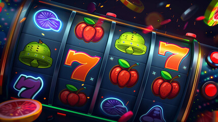 Casino slot machines with fruit icons illuminated by spectacular light on the background. Gambling symbols and the winning bar add color and dynamics to the entire composition.