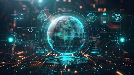 Futuristic transparent world globe background. Advanced global technology holographic 3d digital interface, node and data stream of cognitive science AI global network finance security and blockchain.