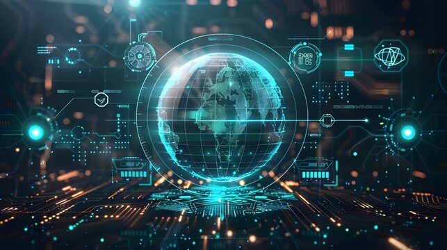 Futuristic transparent world globe background. Advanced global technology holographic 3d digital interface, node and data stream of cognitive science AI global network finance security and blockchain.