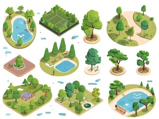 Fototapeta premium Isometric illustrations of parks and recreational areas, showcasing detailed landscapes.