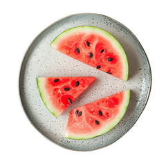 Sliced watermelon pieces on a speckled grey ceramic plate, top view, isolated on white background

