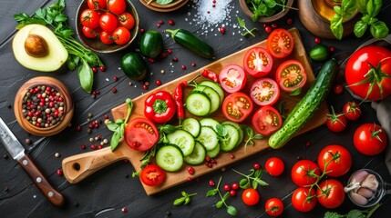  A black surface bears a cutting board laden with cucumbers, tomatoes, and other vegetables Nearby, a knife and a bowl containing salt and pepper await use