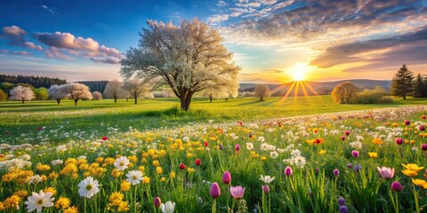 A serene image of a lush spring field with blooming flowers and grass, perfect for allergy season , yoga, spring, field, plants, flowers, grass, allergy season, serenity, nature