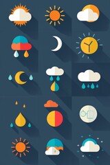 Flat design icons for weather, including suns, clouds, and rain symbols.