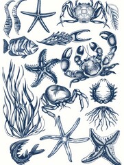 Hand-drawn elements of marine life, including crabs, starfish, and seaweed.