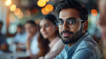 Man with glasses sitting in front of group of people