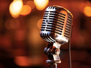 Close-up view of a retro microphone on a cabaret stage, perfect for capturing the essence of a comedy show in a theater setting