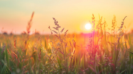 Naklejka premium Beautiful natural panoramic countryside landscape. Blooming wild high grass in nature at sunset warm summer. Pastoral scenery. Selective focusing on foreground.