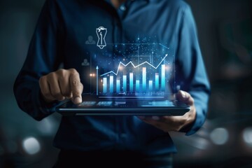 Merchants touch virtual sales growth charts and shopping cart ICONS on transparent screens, use tablets to analyze the performance of markets or online stores,