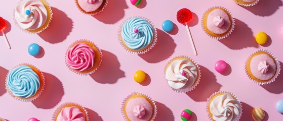 Colorful Cupcakes and Sweets on Pink Background - Cute Dessert Photography Perfect for Birthday Invitations, and Social Media