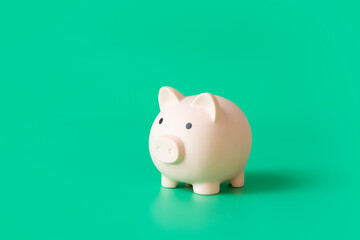 One piggy bank on green background.