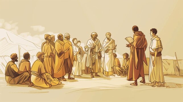 Spread of the Gospel: Acts 8 Biblical Illustration Highlighting Persecution, Philip on Beige Background with Copyspace
