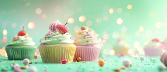 Cute Pastel Dessert Wonderland: Adorable Cupcakes and Sweet Treats on Soft Mint Background - Perfect for Kid-Friendly Designs