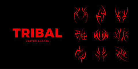 Neo tribal design elements collection. Gothic style shapes pack. Y2K shapes for streetwear, album covers, tattoo, techno rave party, etc. Set of acid neo tribal elements. Abstract vector Y2K signs.