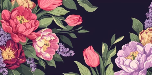 Gordijnen a colorful array of flowers, including purple, pink, yellow, and red blooms, are arranged on a black background alongside green leaves © Siasart Studio