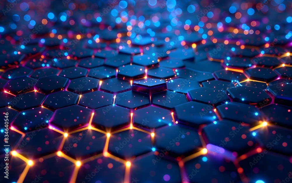 Poster a digital illustration of an abstract hexagon grid pattern with glowing dots, representing the netwo