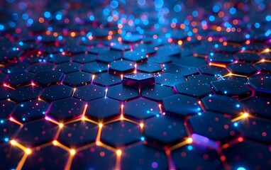 Obraz premium A digital illustration of an abstract hexagon grid pattern with glowing dots, representing the network and data flow in artificial intelligence 