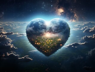 Earth is reshaped into the form of a heart, floating in the vastness of space