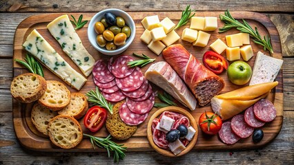 Assortment of cold cuts, cheeses, olives, and bread on a wooden cutting board from a top view , charcuterie, gourmet, appetizer, food photography, antipasto, deli, platter, snack, wooden board