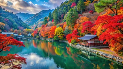 Vibrant autumn leaves in Arashiyama, Kyoto, Japan , Colorful, foliage, fall, autumn, trees, nature, Arashiyama, Kyoto, Japan, vibrant, red, orange, yellow, leaves, scenic, landscape, outdoor
