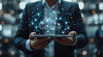 Cloud ERP, Enterprise Resource Planning concept. Businessman connects data with cloud computing to have access to HR management. Business resources strategy to manage the company's enterprise resource