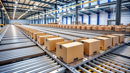 Cardboard boxes on a moving conveyor belt in a large warehouse, showcasing modern distribution systems, Efficiency, Logistics, Storage, Warehouse, Transportation, Automation, Technology