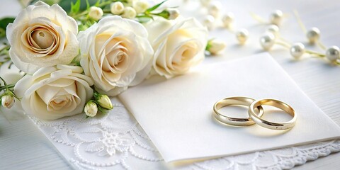 Elegant wedding card in white with floral decorations and wedding rings , white, wedding, card, flowers, rings, invitation, celebration, romantic, elegant, marriage, love, ceremony