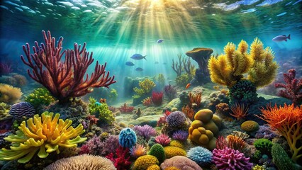 Underwater collection of sea plants, algae, seaweed, coral, and reef , marine, aquatic, marine life, ocean, biodiversity, flora, fauna, aquatic plants, underwater garden, marine ecosystem