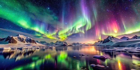 A stunning display of polar lights illuminating the night sky in the Antarctic , polar lights, aurora, southern lights, Antarctica, night sky, natural phenomenon, celestial, beauty, glowing