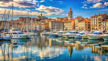 Yachts peacefully docked in Vieux-Port, Marseille, France , luxury, harbor, boats, Mediterranean, tourism, travel, vacation, scenic, seascape, marina, waterfront, France, French Riviera
