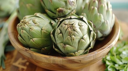 Obraz premium A wooden table holds two leafy green plants, each with a wooden bowl filled with artichokes nearby