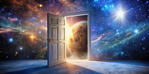 Open door floating in space surrounded by stars, space, stars, universe, doorway, gateway, celestial, surreal, fantasy, cosmic, ethereal, celestial, mystery, exploration, interstellar