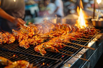 closeup seafood grill at night market street food in thailand.