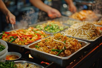 Obraz premium top angle shot of pad thai stall selling at night market street food in thailand.
