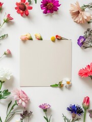 a colorful array of flowers, including red, pink, purple, white, and blue blooms, are arranged on a transparent background alongside a blank sheet of paper