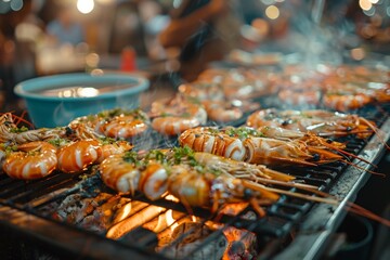 closeup seafood grill at night market street food in thailand