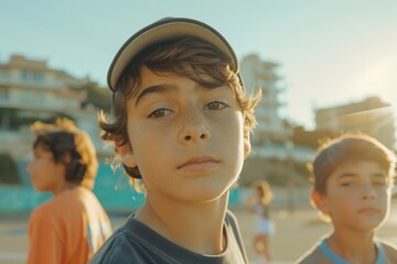 Portrait of a boy in a cap on the background of children.