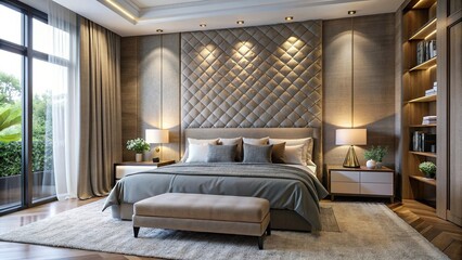 Sophisticated bedroom with a textured wall , elegant, luxury, modern, interior design, upscale, cozy, stylish, chic, minimalistic, contemporary, decorative, comfortable, ambiance