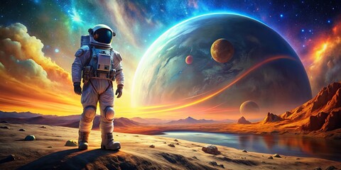 Astronaut on alien planet with colorful sky in background, astronaut, alien planet, colorful sky, space exploration, sci-fi, extraterrestrial, adventure, discovery, universe, cosmic