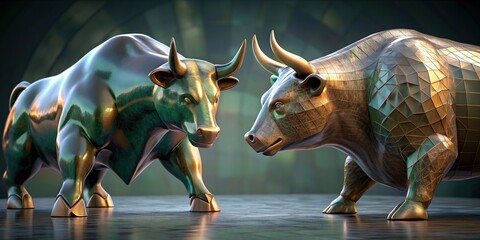 Bull and bear statues representing the concept of stock market exchange, with a generative twist, stock market, exchange, bull, bear, statues, concept, market, finance, investment, trading