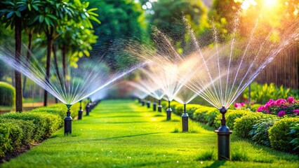 Automatic underground irrigation sprinkler system with lush green grass in a garden , technology, water conservation, landscaping, maintenance, watering system, automation, efficiency