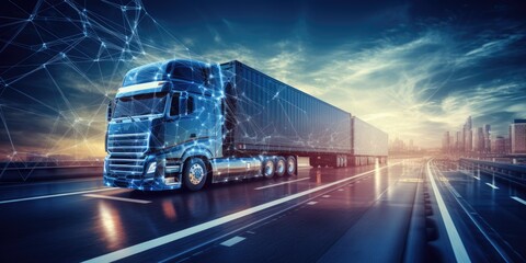 Transportation and Logistics, Truck on motorway and industrial container cargo with network distribution on a blue background